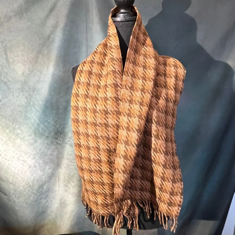 Givenchy Monsieur Brown Houndstooth 100% Lambswool Scarf Vintage‎ Fringed Mens